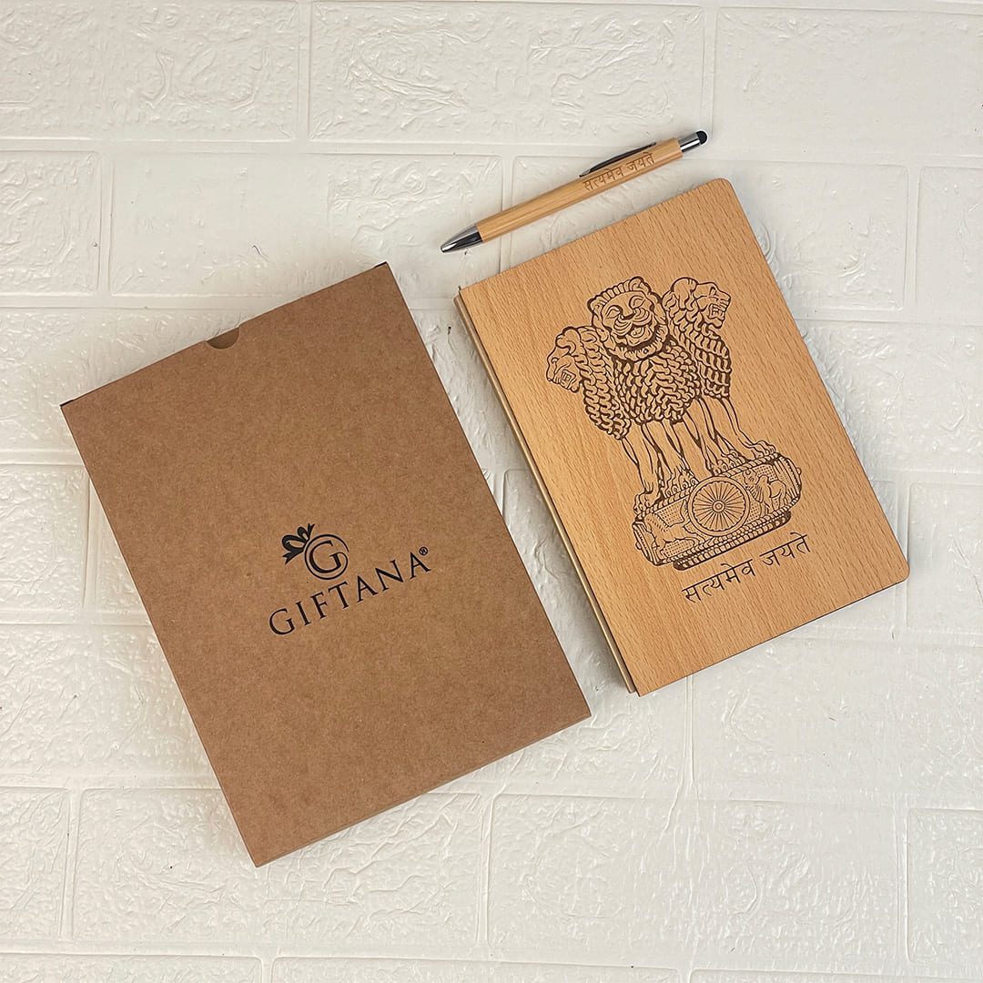 Premium Executive Satyamev Jayate Wooden Diary & Pen Gift Set
